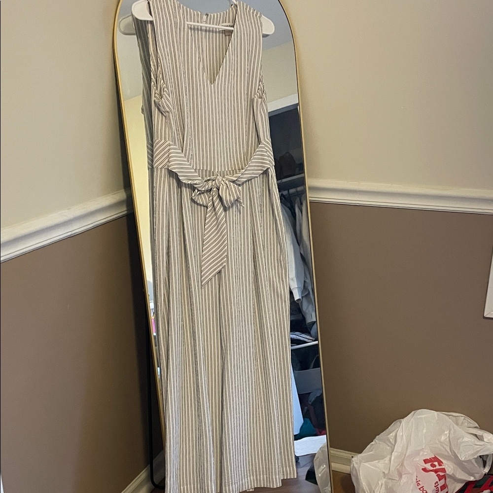 Calvin Klein Beige and White Striped Tie-Waist jumpsuit